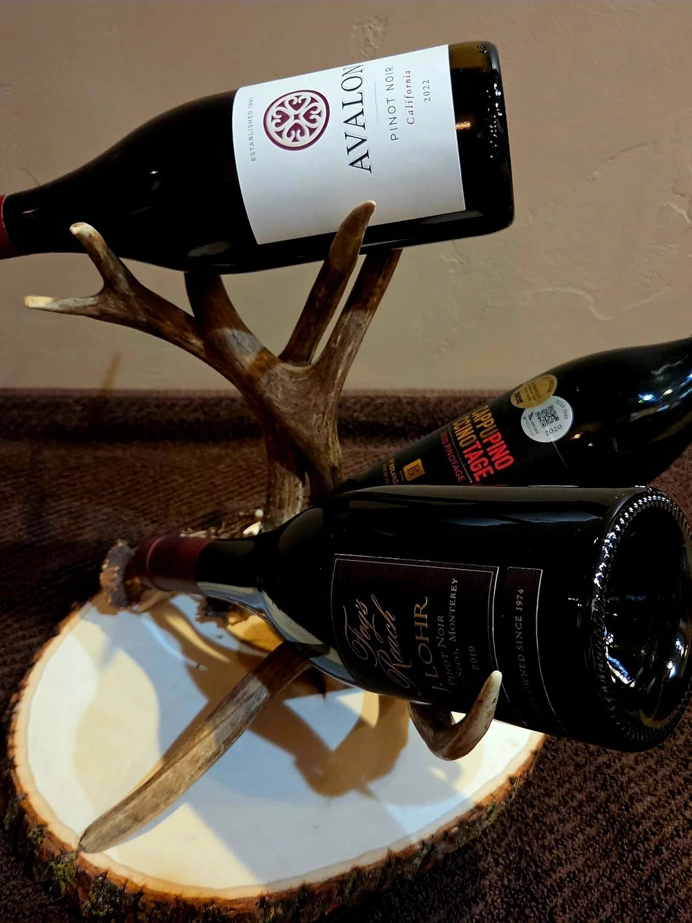Rustic Antler Wine Bottle Holder with Natural Wood Base - Brown